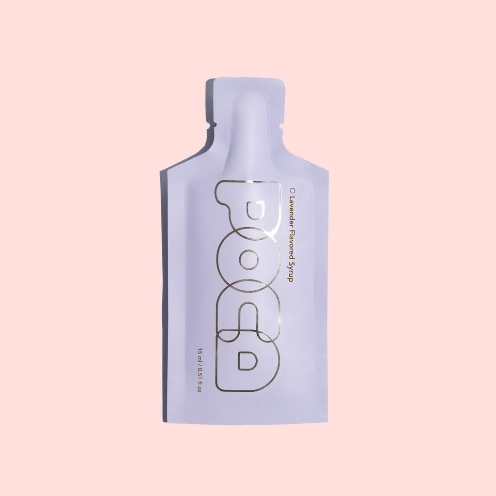 A Lavender POCA Sachet featuring a metallic silver outline logo, centered on a solid pale pink background.